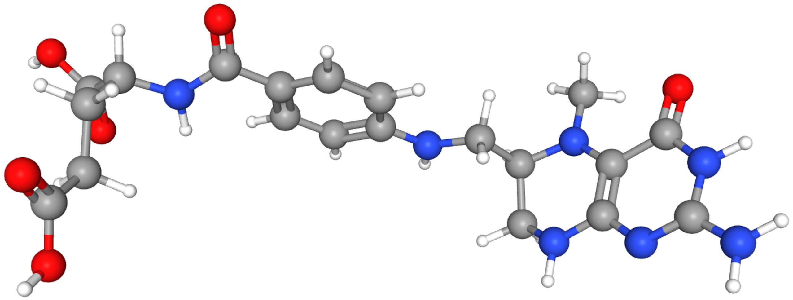 représentation 3D d'une molécule de 5-méthyltétrahydrofolate