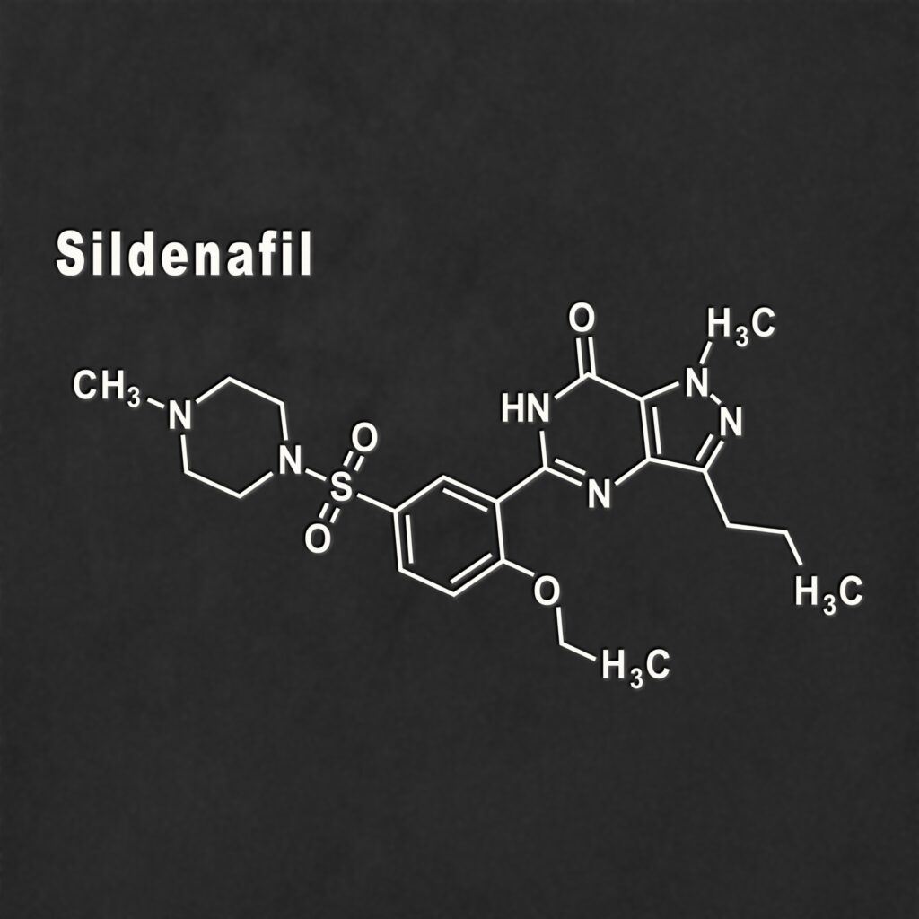 Molécule de sildénafil en blanc sur un fond noir. La représentation de la formule est faite de façon éclatée avec une formule C22H30N6O4S.