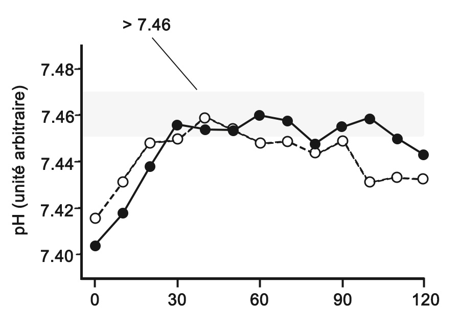 Graphique présentant l'évolution du pH sanguin en fonction du temps après la prise de 0,2g/kg ou 0,6g/kg de bicarbonate. 