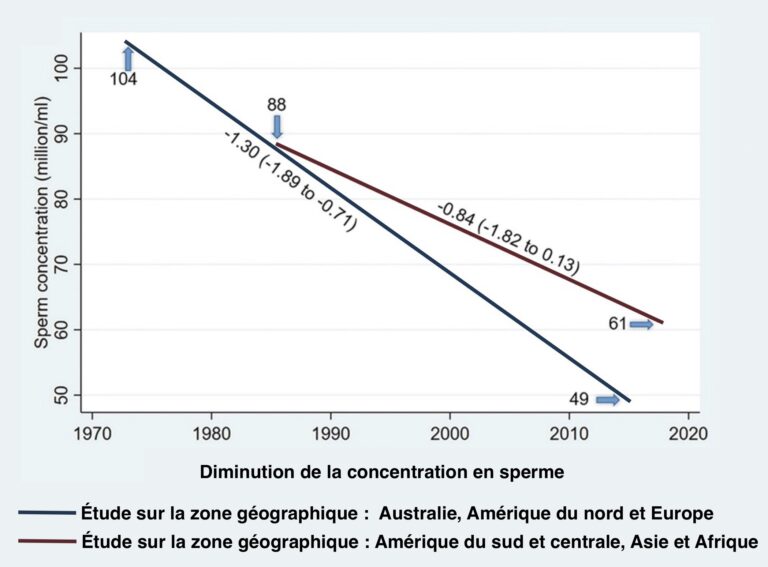 Graphique représentant un modèle de meta-régression

Ce graphique montre la diminution de la concentration en spermatozoïdes du sperme entre 1970 et 2020. 

Deux courbes se superposent :
une courbe bleu représente les zones géographiques de l'Australie, l'Amérique du Nord et de l'Europe. 
une courbe rouge représente les zones géographiques de l'Amérique du Sud et centrale, l'Asie et l'Afrique. 

La courbe bleue commence en 1973 à 104 millions de spermatozoïdes/ml et se termine en 2016 à 49 millions/ml. 

La courbe rouge commence en 1985 à 88 millions/ml et se termine en 2017 à 49 millions/ml
