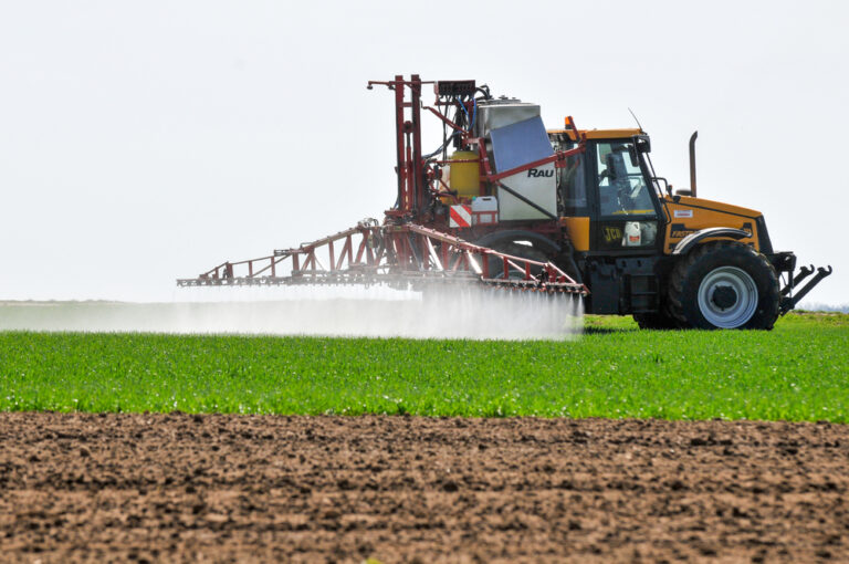Tracteur qui épand des pesticides sur un champ de jeunes pousses de blé vert.
