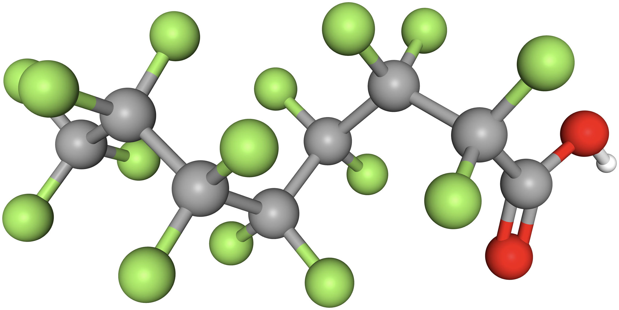 représentation 3D d'une moléule de PFOA ou acide perfluorooctanoïque