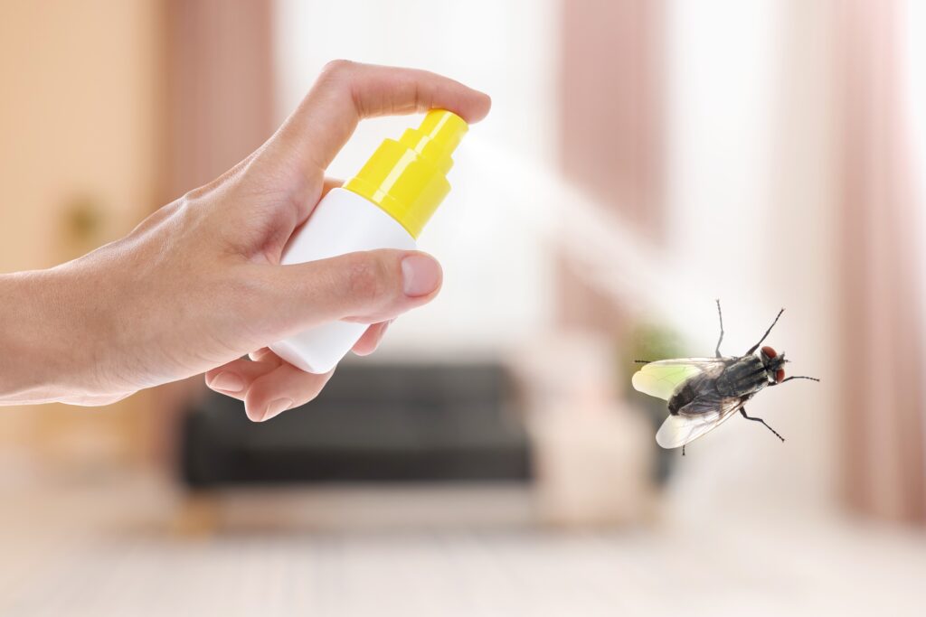 Une main actionne un spray contenant un insecticide sur une mouche.
