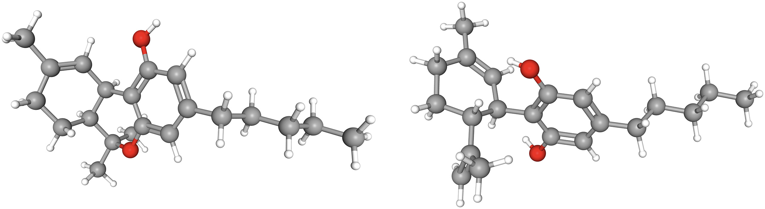 représentation 3D d'une molécule de Δ-9-tétrahydrocannabinol (THC, à gauche) et de cannabidiol (CBD, à droite)